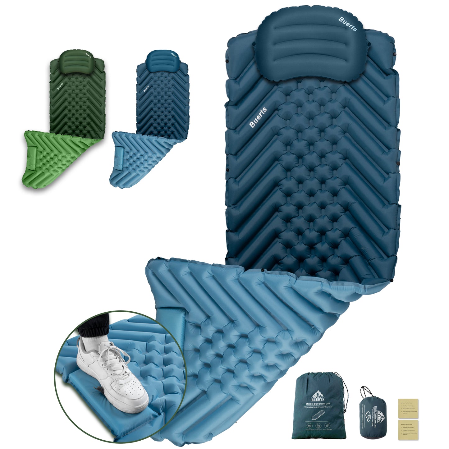 Camping Sleeping mat and Inflatable Pillow - Set, Portable, Ultra-Light, Thickened, Quick to inflate in 30s, can be Spliced. Suitable for Backpacking, Hiking, Camping and Other Scenes(BPDE02)
