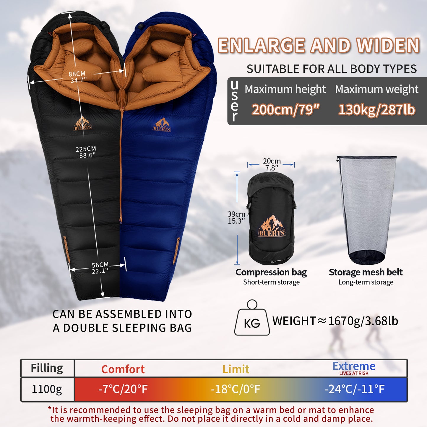 BUERTS Down Backpacking Sleeping Bag for Cold Weather 20°F to -11°F, XXL Large Ultralight Sleeping Bag Ideal for Adults Camping, Hiking and Backpacking.(A1100)
