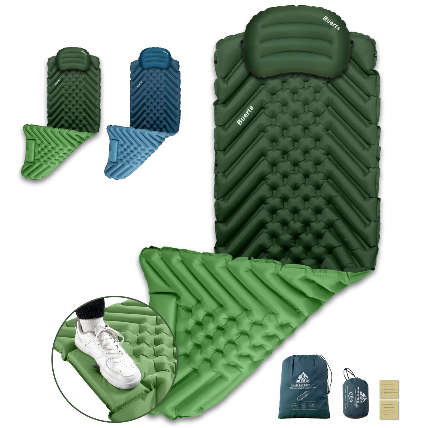 Camping Sleeping mat and Inflatable Pillow - Set, Portable, Ultra-Light, Thickened, Quick to inflate in 30s, can be Spliced. Suitable for Backpacking, Hiking, Camping and Other Scenes(BPDE02)