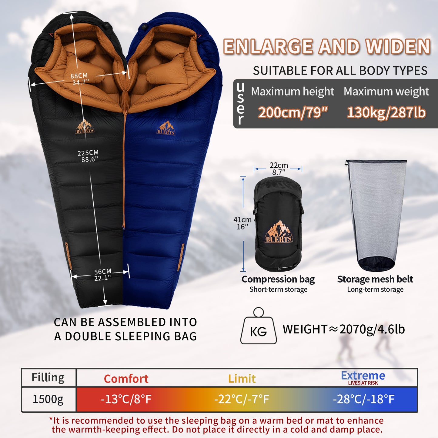 BUERTS Down Backpacking Sleeping Bag for Cold Weather 8°F to -18°F, XXL Large Ultralight Sleeping Bag Ideal for Adults Camping, Hiking and Backpacking(A1500)