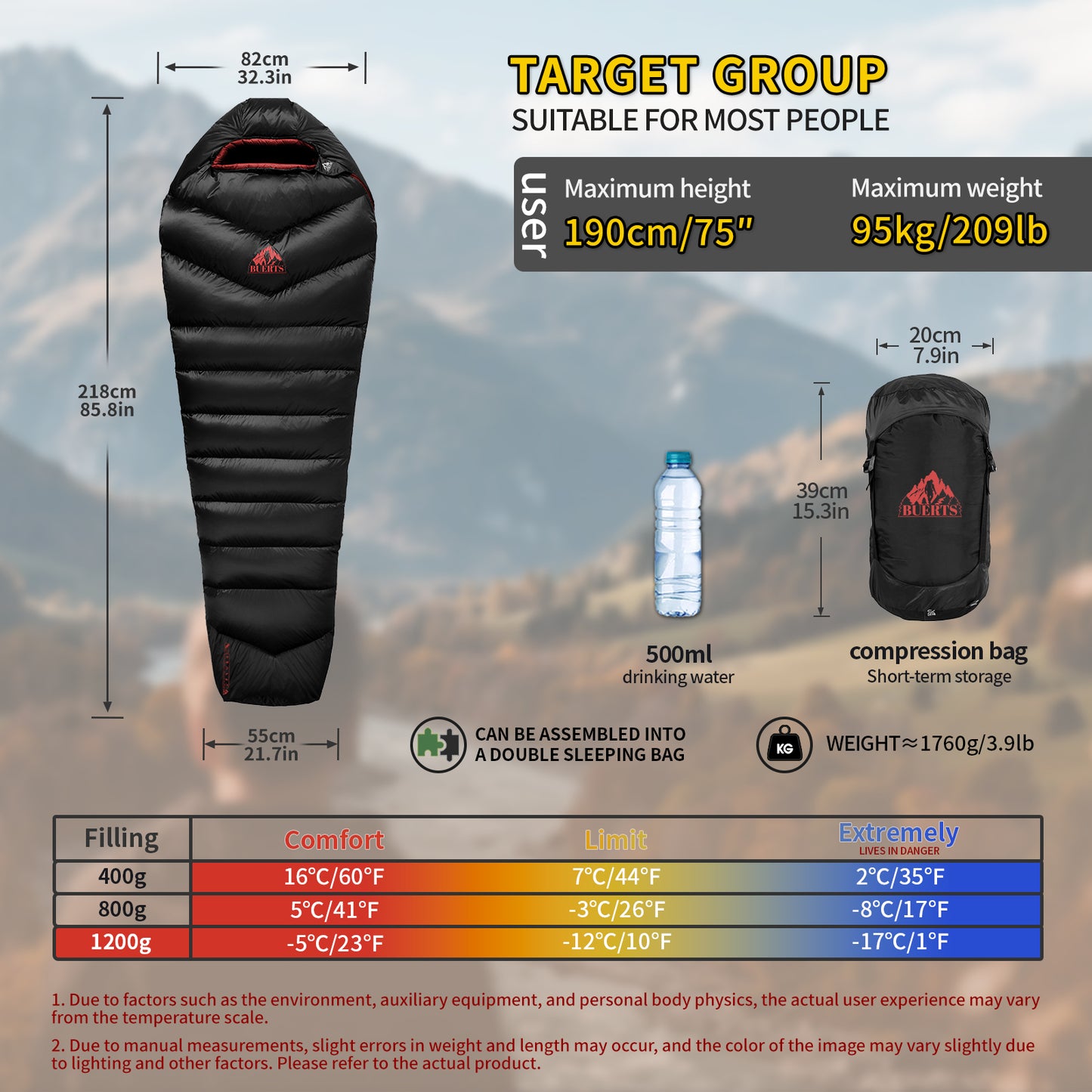 BUERTS Down Sleeping Bag,Ultralight and Warm,Sleeping bag for adults suitable 3 seasons use,lightweight is highly portable and ideal for hiking,backpacking and camping.(C1200)