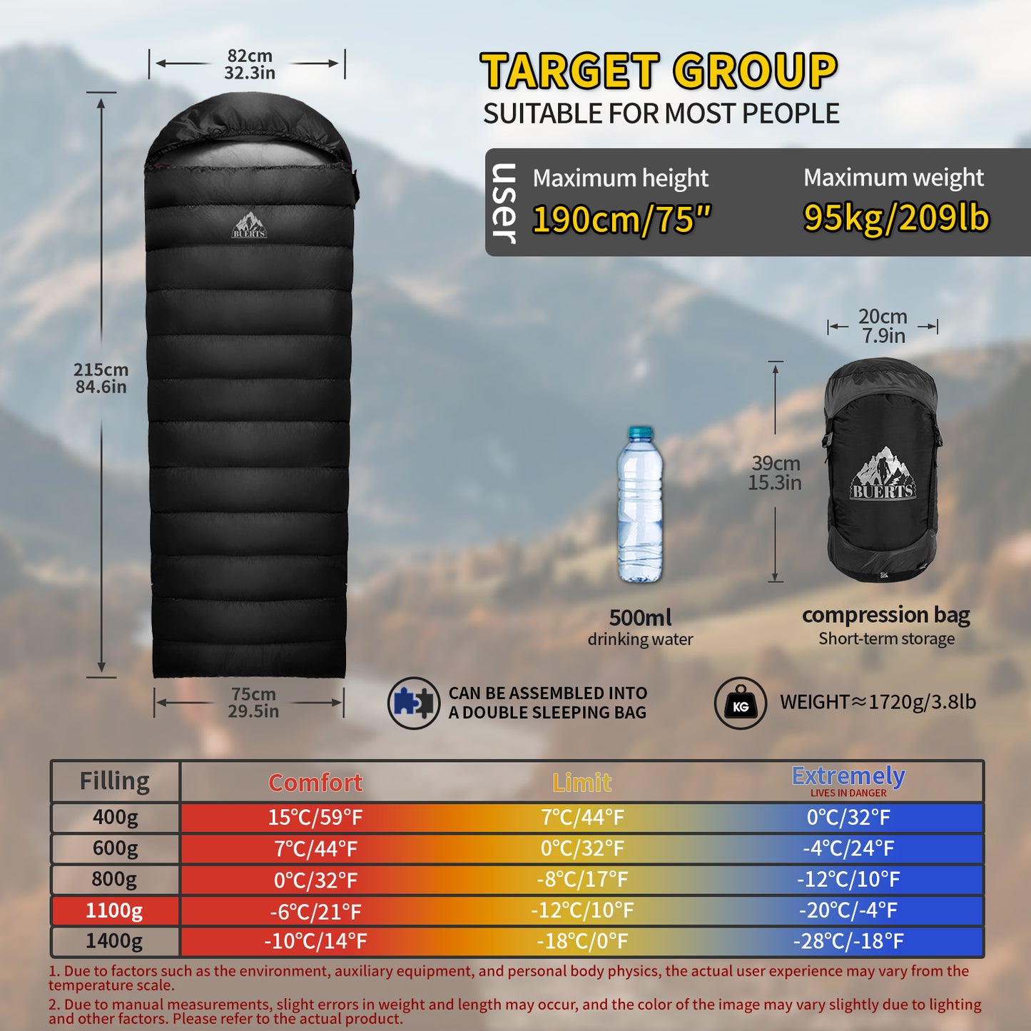 BUERTS Down Sleeping Bag,Ultralight and Warm,Sleeping bag for adults suitable 3 seasons use,lightweight is highly portable and ideal for hiking,backpacking and camping.(B1100)