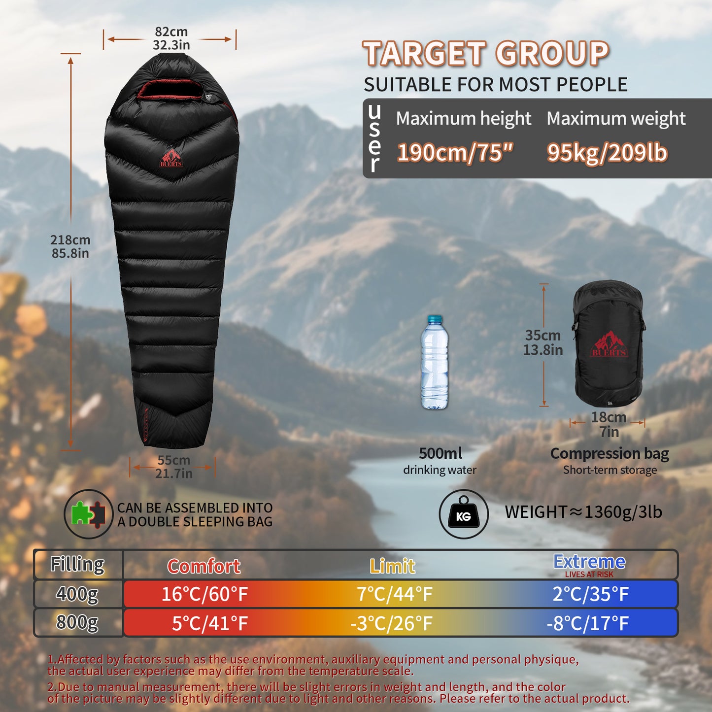 BUERTS Down Sleeping Bag,Ultralight and Warm,Sleeping bag for adults suitable 3 seasons use,lightweight is highly portable and ideal for hiking,backpacking and camping.(C800)