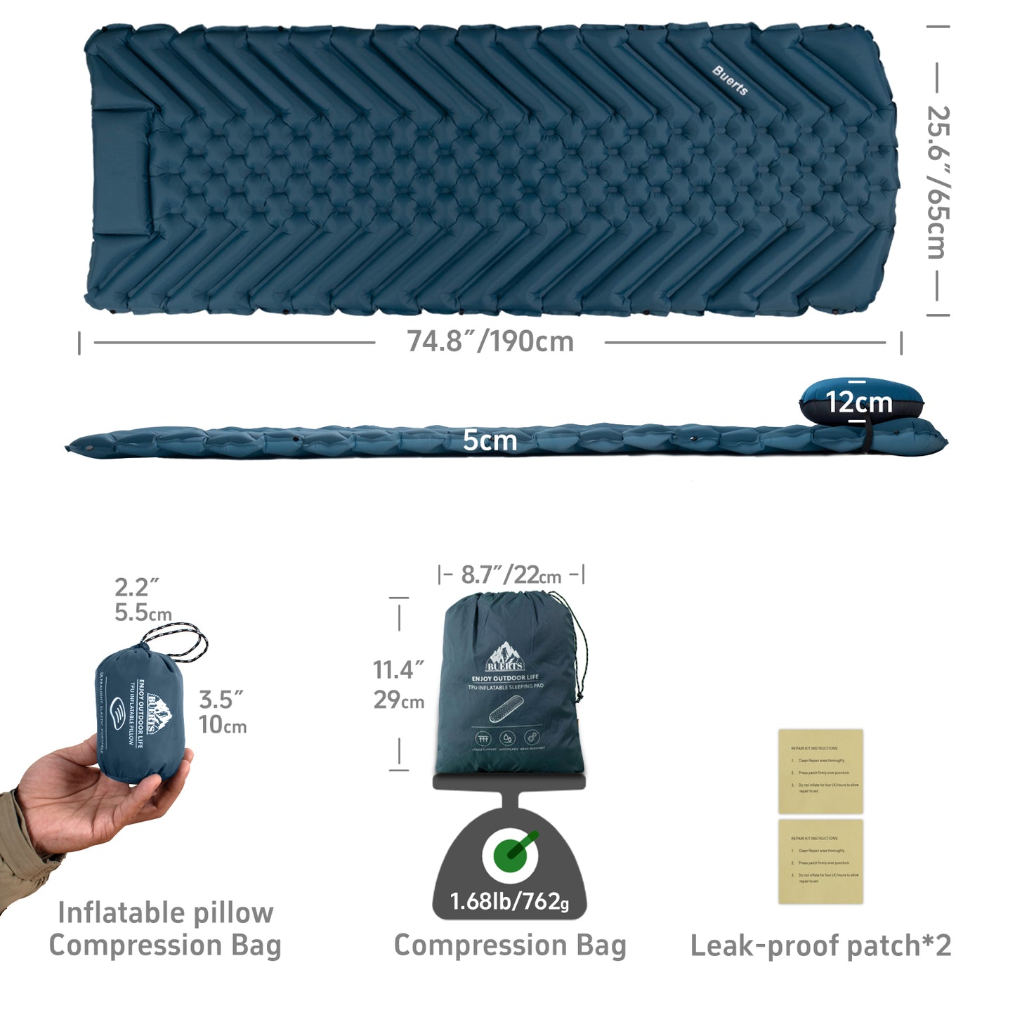 Camping Sleeping mat and Inflatable Pillow - Set, Portable, Ultra-Light, Thickened, Quick to inflate in 30s, can be Spliced. Suitable for Backpacking, Hiking, Camping and Other Scenes(BPDE02)