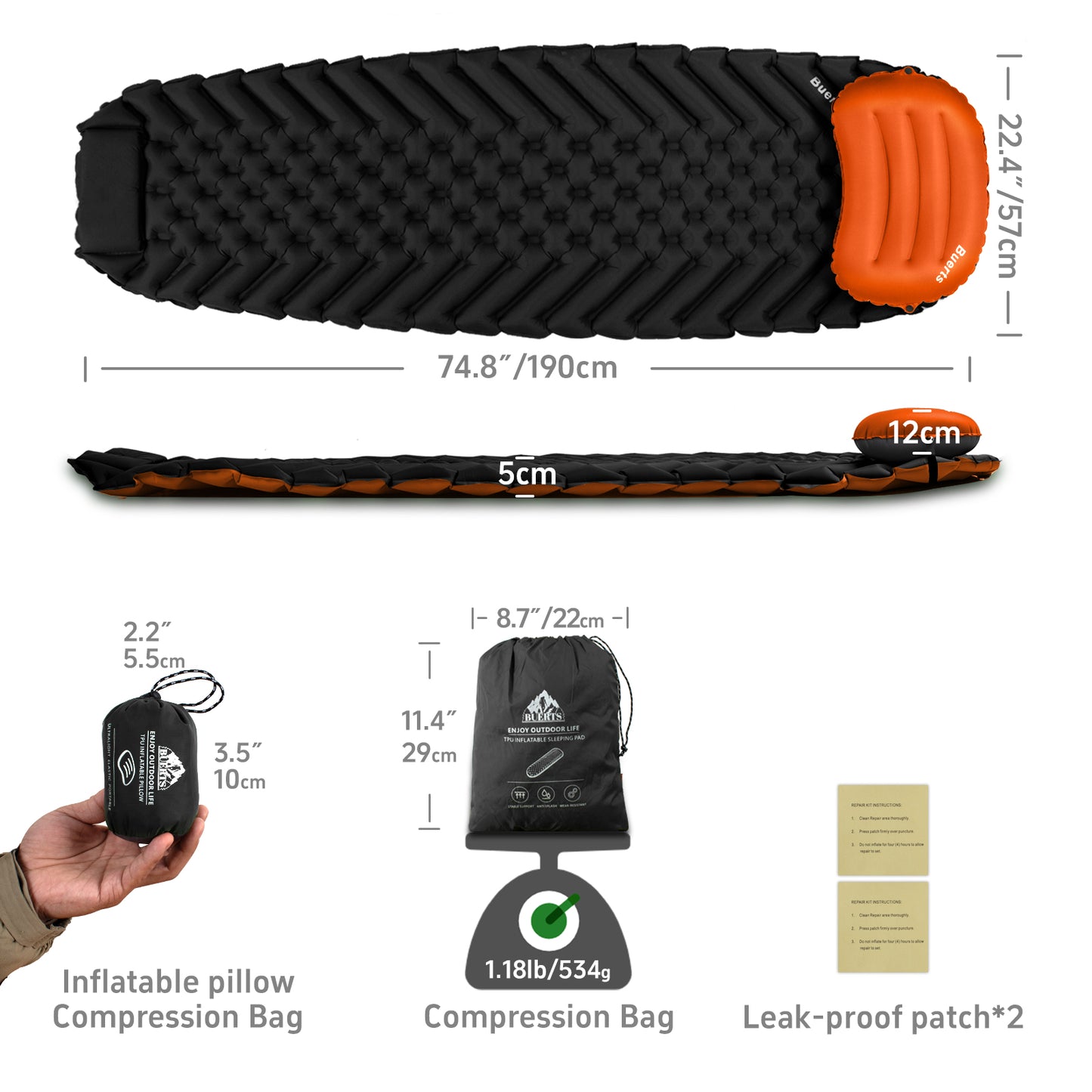 Camping Sleeping mat and Inflatable Pillow - Set, Portable, Ultra-Light, Thickened, Quick to inflate in 30s, can be Spliced. Suitable for Backpacking, Hiking, Camping and Other Scenes(BPDM01)