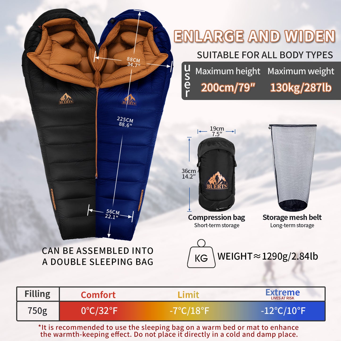 BUERTS Down Backpacking Sleeping Bag for Cold Weather 32°F to 10°F, XXL Large Ultralight Sleeping Bag Ideal for Adults Camping, Hiking and Backpacking.(A750)