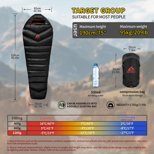 BUERTS 620FP Down Mummy Sleeping Bag for Backpacking