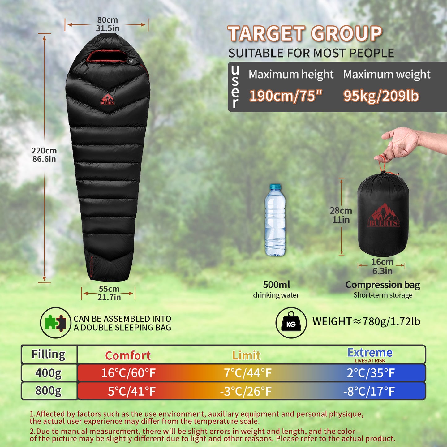 BUERTS Down Sleeping Bag,Ultralight and Warm,Sleeping bag for adults suitable 3 seasons use,lightweight is highly portable and ideal for hiking,backpacking and camping.（C400）