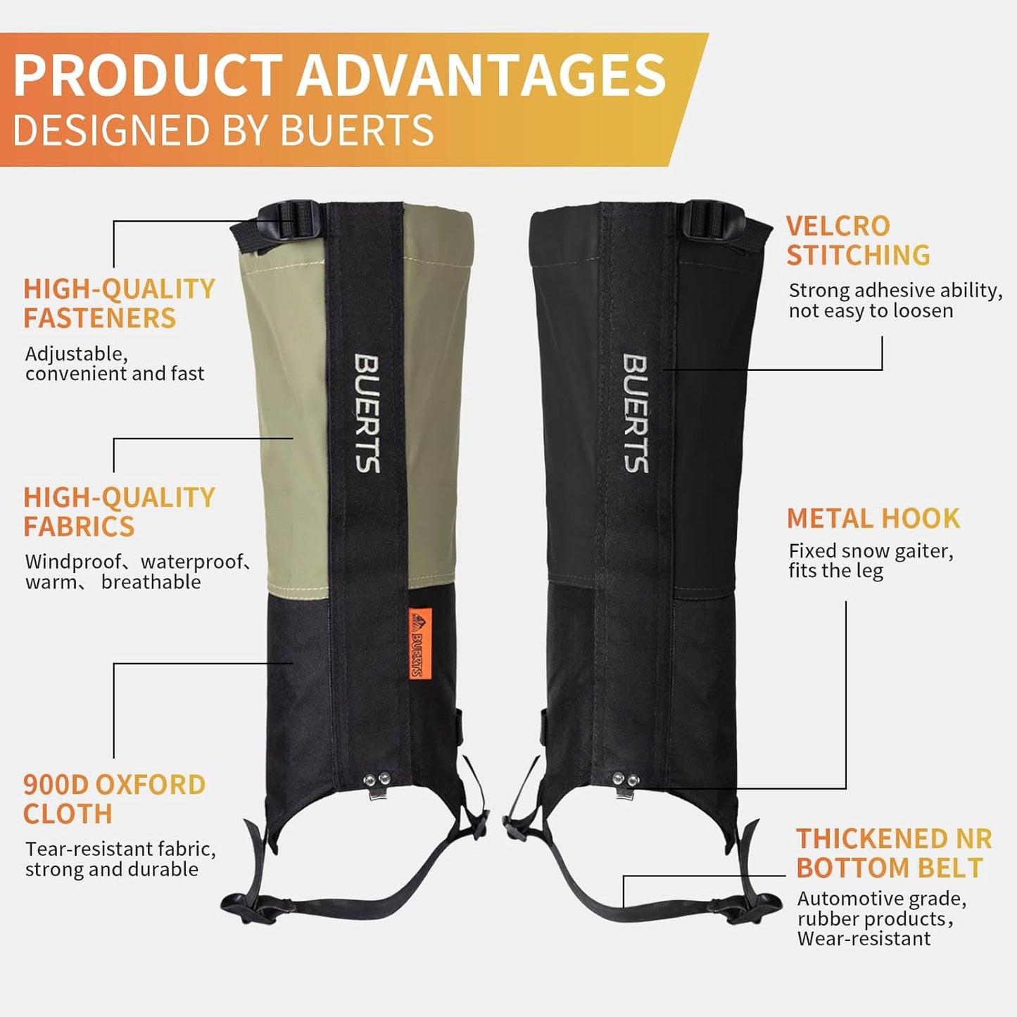 BUERTS Waterproof Hiking Gaiters for Snow and Mountaineering