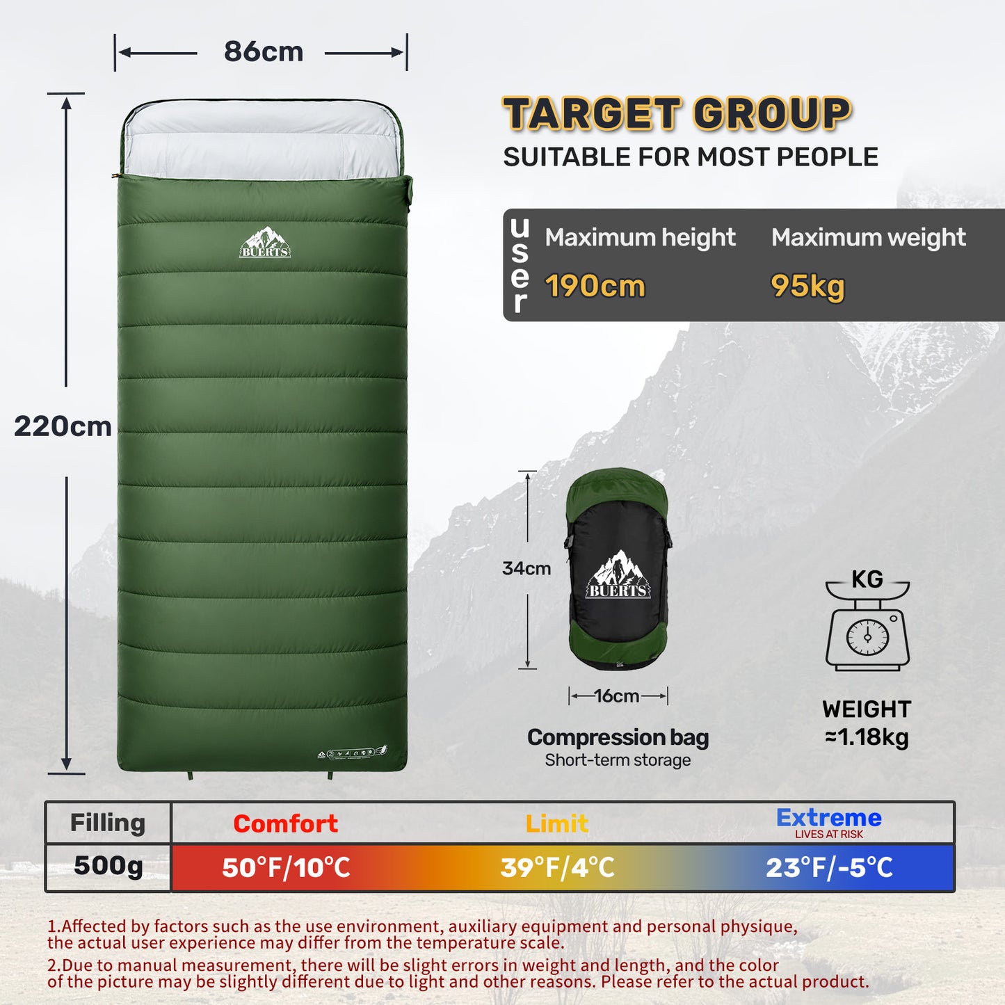 BUERTS 620FP Lightweight Down Sleeping Bag for Backpacking