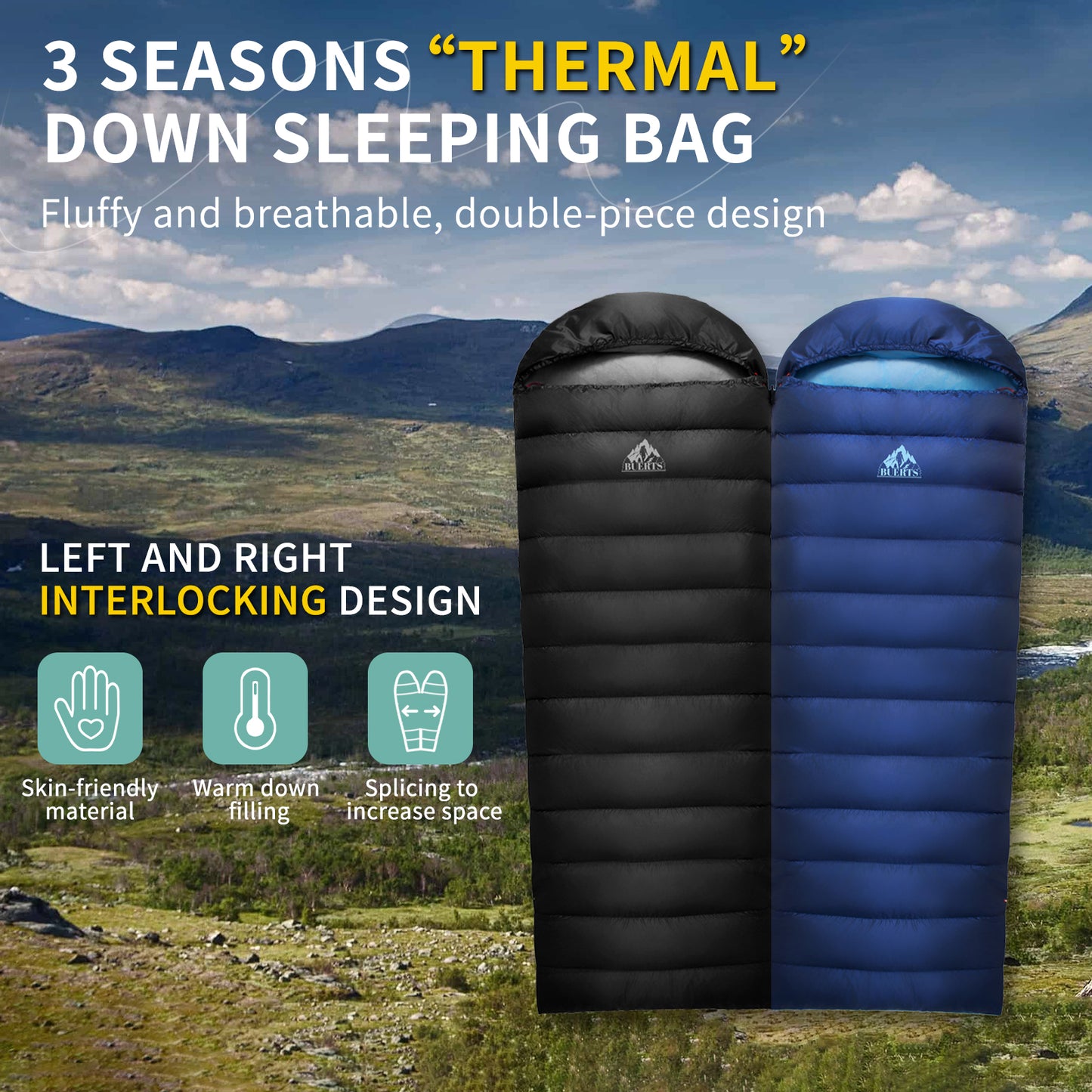 BUERTS Down Sleeping Bag,Ultralight and Warm,Sleeping bag for adults suitable 3 seasons use,lightweight is highly portable and ideal for hiking,backpacking and camping.(B800)